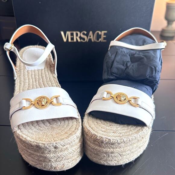 VERSACE Medusa Leather Wedge Heel Platform Sandals Shoes White $775 Size 41